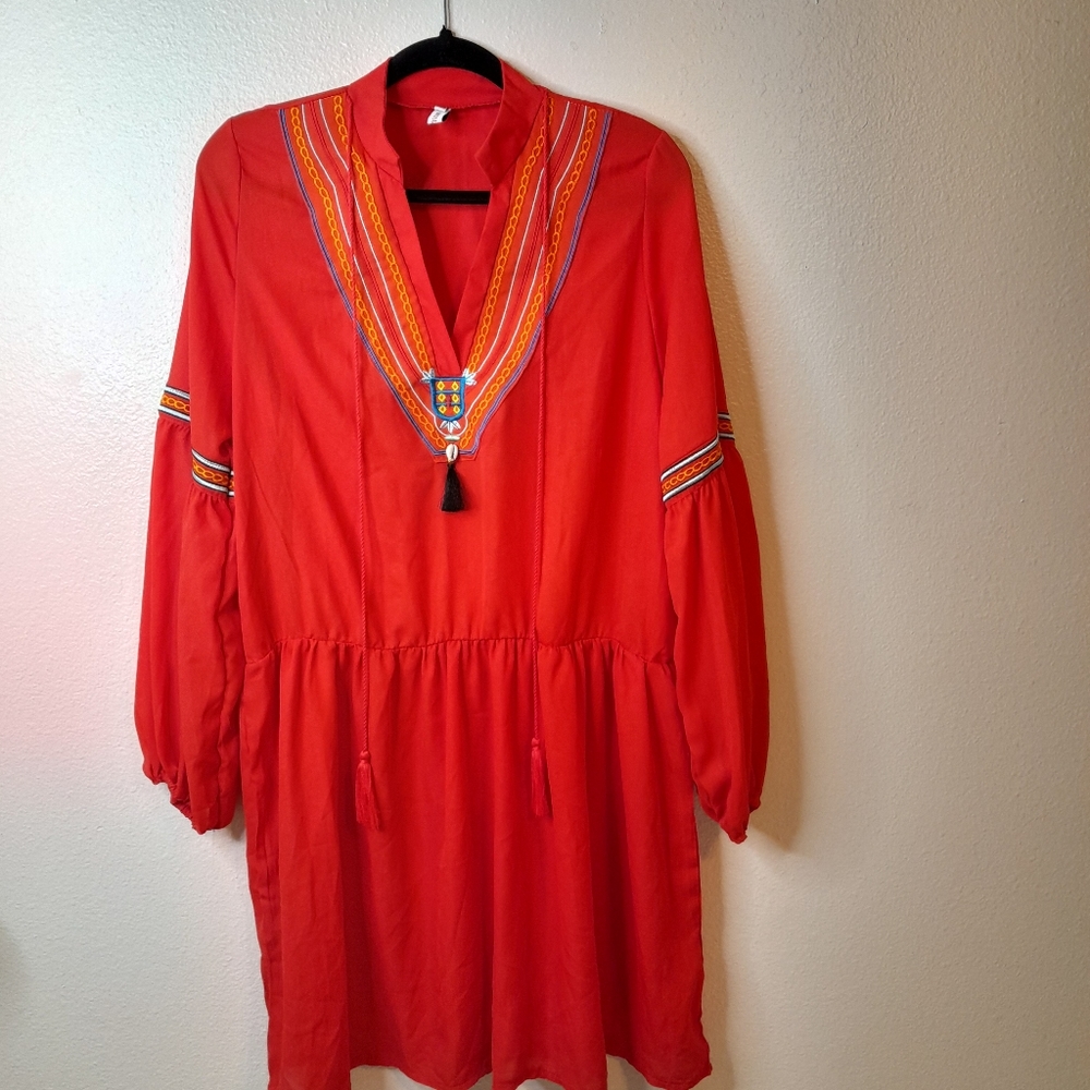 Misslook Womens Red Slip Dress Long Sleeve Boho Size XL Pre-owned